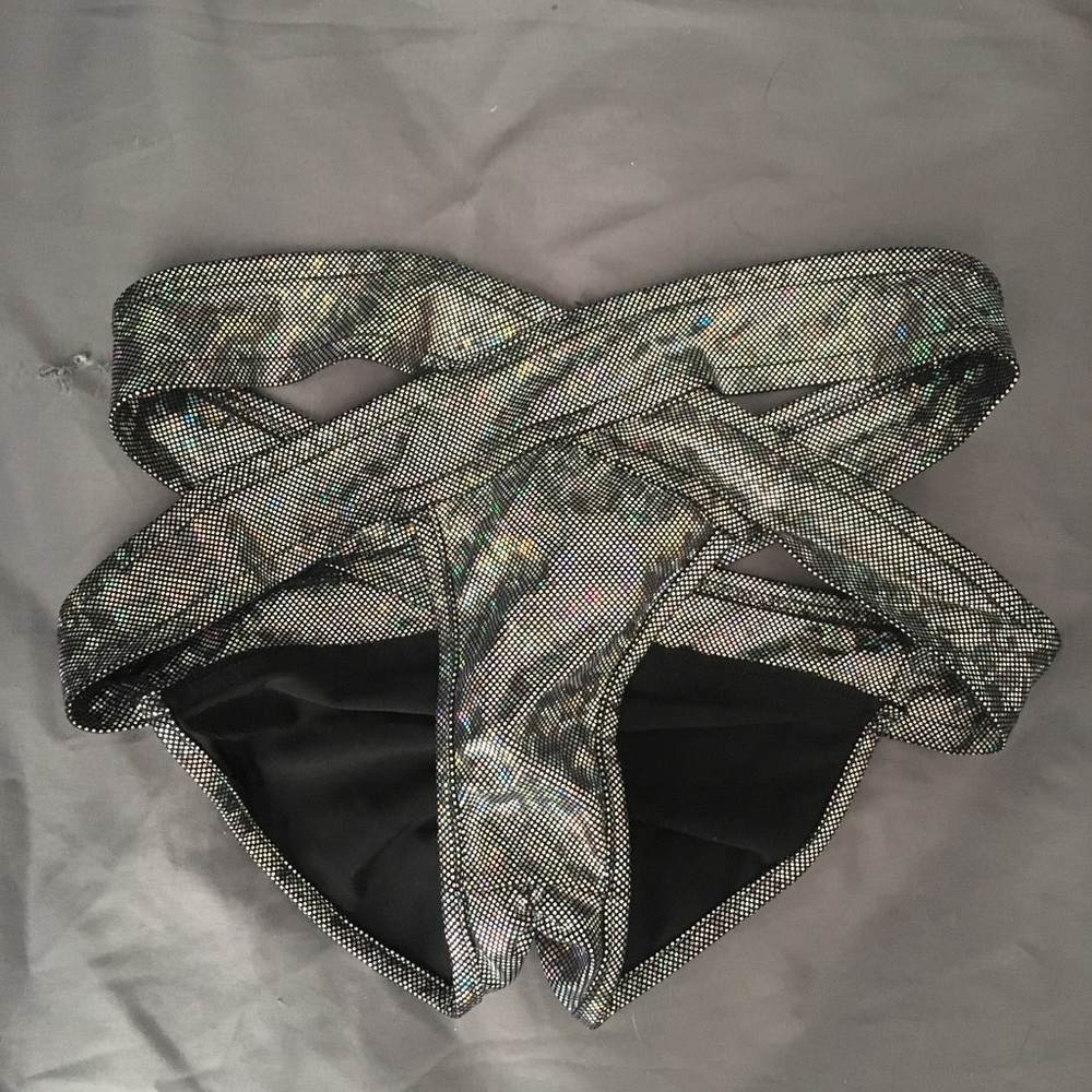 Silver metallic booty rave shorts.